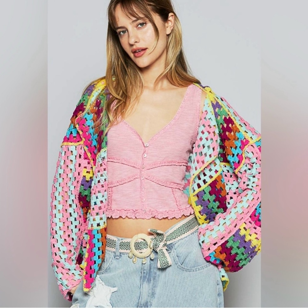 Pink Granny Square Crochet Patchwork Cardigan Swe… - image 1